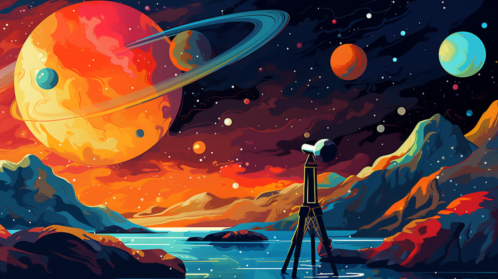 Illustration: Planeten im All, Teleskop
