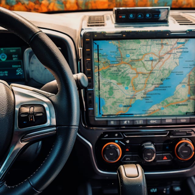 Illustration: Innenansicht eines Autos mit Blick durch die Windschutzscheibe, Lenkrad, Armaturenbrett, Navigationsgerät.