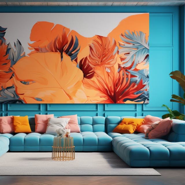 Illustration: Eon fast raumfüllendes modulares Sofa mit Kissen in Ambiente mit großen Zimmerpflanzen, Malerei an der Wand, Beistelltischen