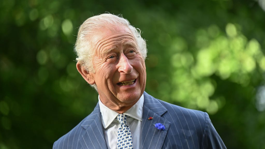 König Charles trägt einen Anzug und lächelt.