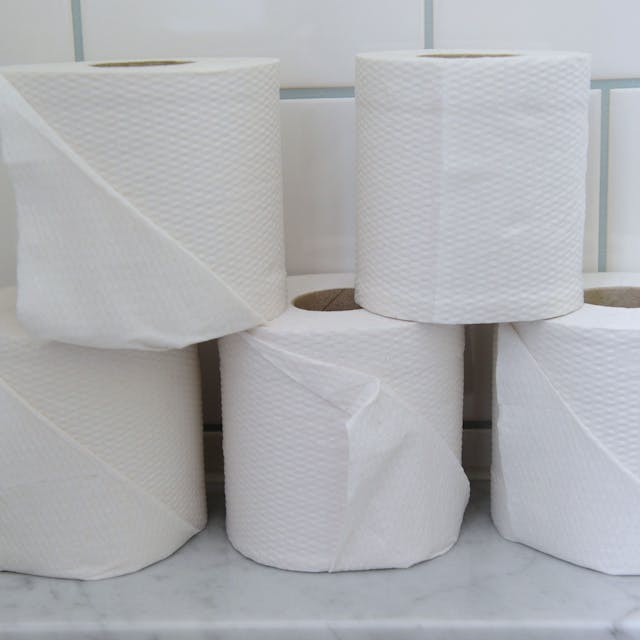 Fünf auseinandergestellte Rollen Toilettenpapier.