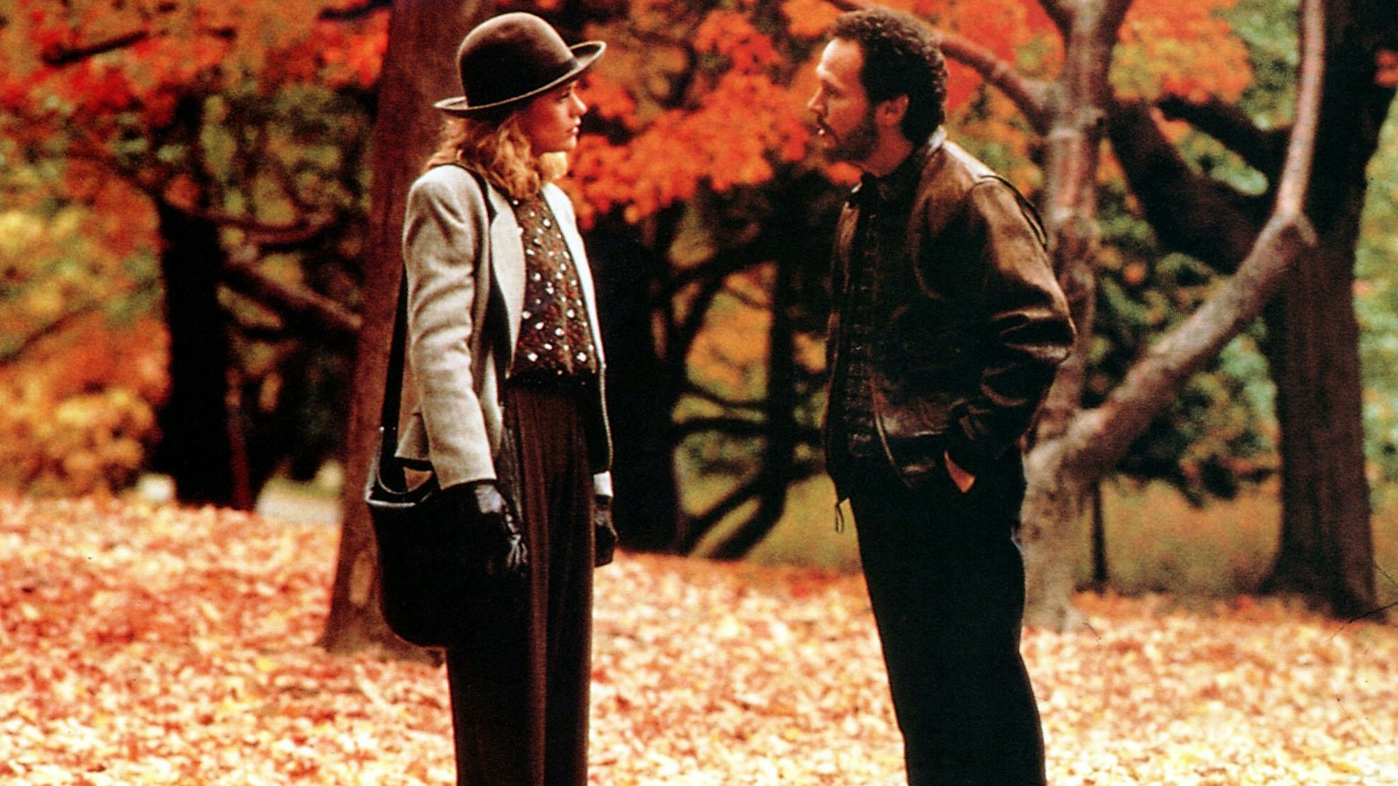 Harry (gespielt von Billy Crystal) und Sally (gespielt von Meg Ryan) stehen sich in einer herbstlichen Kulisse im Central Park, New York, gegenüber.