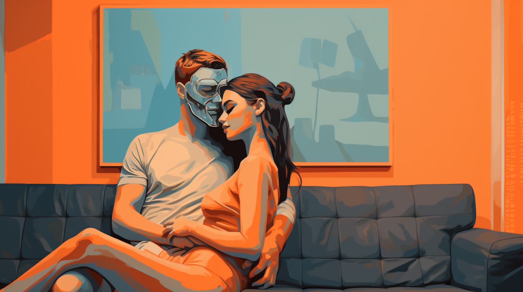 Eine künstlerische Darstellung zeigt ein Liebespärchen. Der Mann trägt eine Masken – als Symbol für Deep Fake-Videos, in denen Gesichter auf fremde Körper montiert werden.