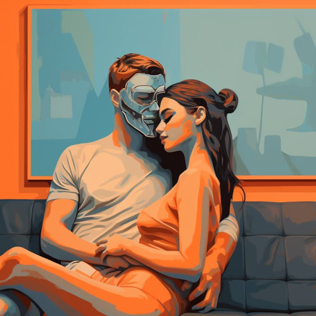 Eine künstlerische Darstellung zeigt ein Liebespärchen. Der Mann trägt eine Masken – als Symbol für Deep Fake-Videos, in denen Gesichter auf fremde Körper montiert werden.