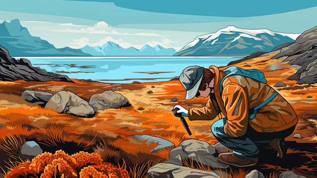Ein Biologe auf einem Feldausflug in einer Tundra-Landschaft.