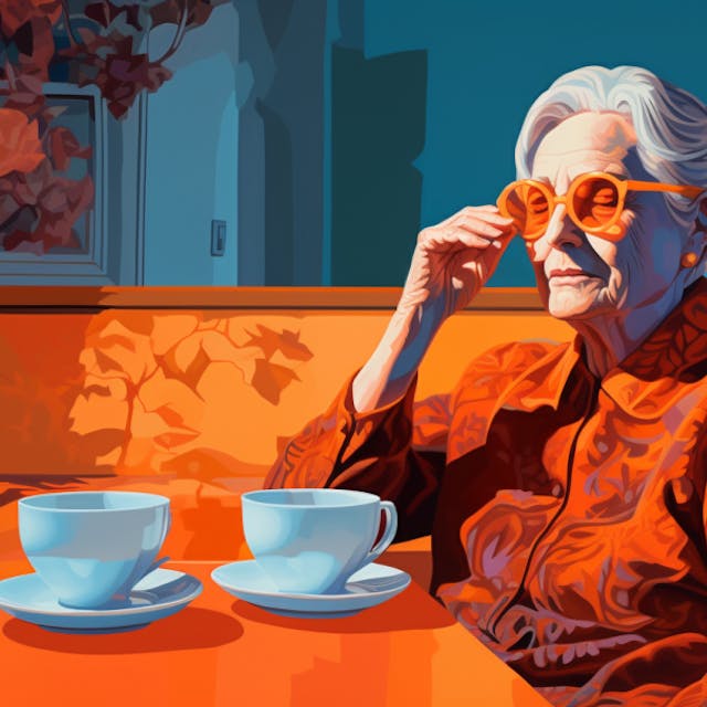 Eine Großmutter genießt ihren Tee.