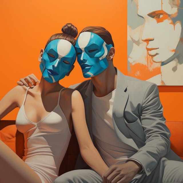 Eine künstlerische Darstellung zeigt ein Liebespärchen, das Masken trägt – als Symbol für Deep Fake-Videos, in denen Gesichter auf fremde Körper montiert werden.