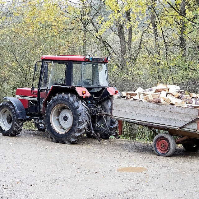 Das Bild zeigt einen roten Traktor, an den ein Anhänger angekuppelt ist. Auf dem ist Holz verladen.