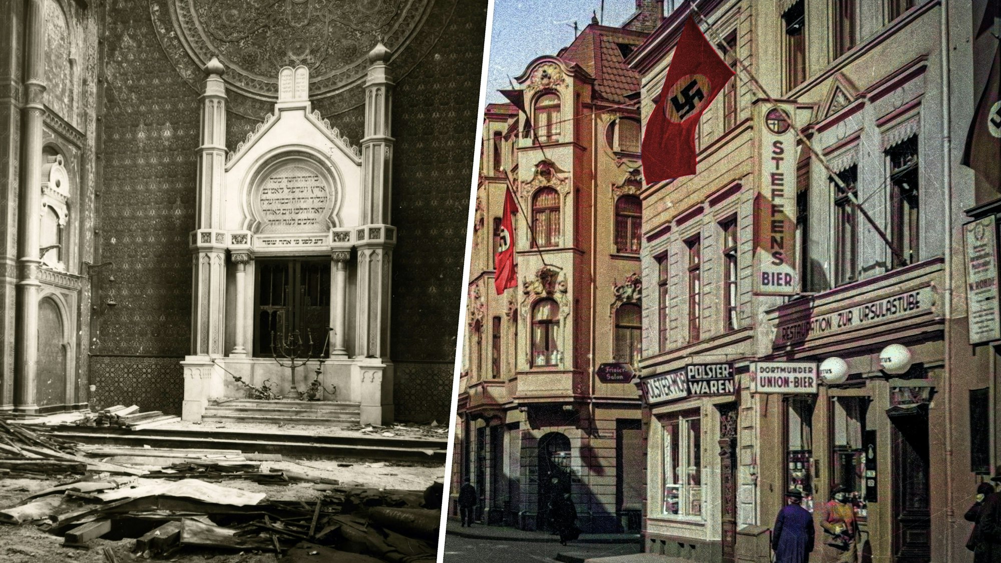 Linkes Foto: Historische Fotos des zerstörten Innenraums der Synagoge. Verbrannte Holzbalken liegen auf dem Boden. Rechts Foto: Gebäude im Stil der Gründerzeit, vor den Fassaden wehen Hakenkreuz-Fahnen.