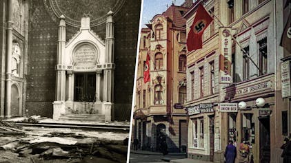 Linkes Foto: Historische Fotos des zerstörten Innenraums der Synagoge. Verbrannte Holzbalken liegen auf dem Boden. Rechts Foto: Gebäude im Stil der Gründerzeit, vor den Fassaden wehen Hakenkreuz-Fahnen.&nbsp;