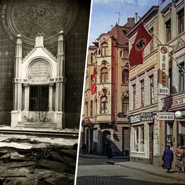 Linkes Foto: Historische Fotos des zerstörten Innenraums der Synagoge. Verbrannte Holzbalken liegen auf dem Boden. Rechts Foto: Gebäude im Stil der Gründerzeit, vor den Fassaden wehen Hakenkreuz-Fahnen.&nbsp;
