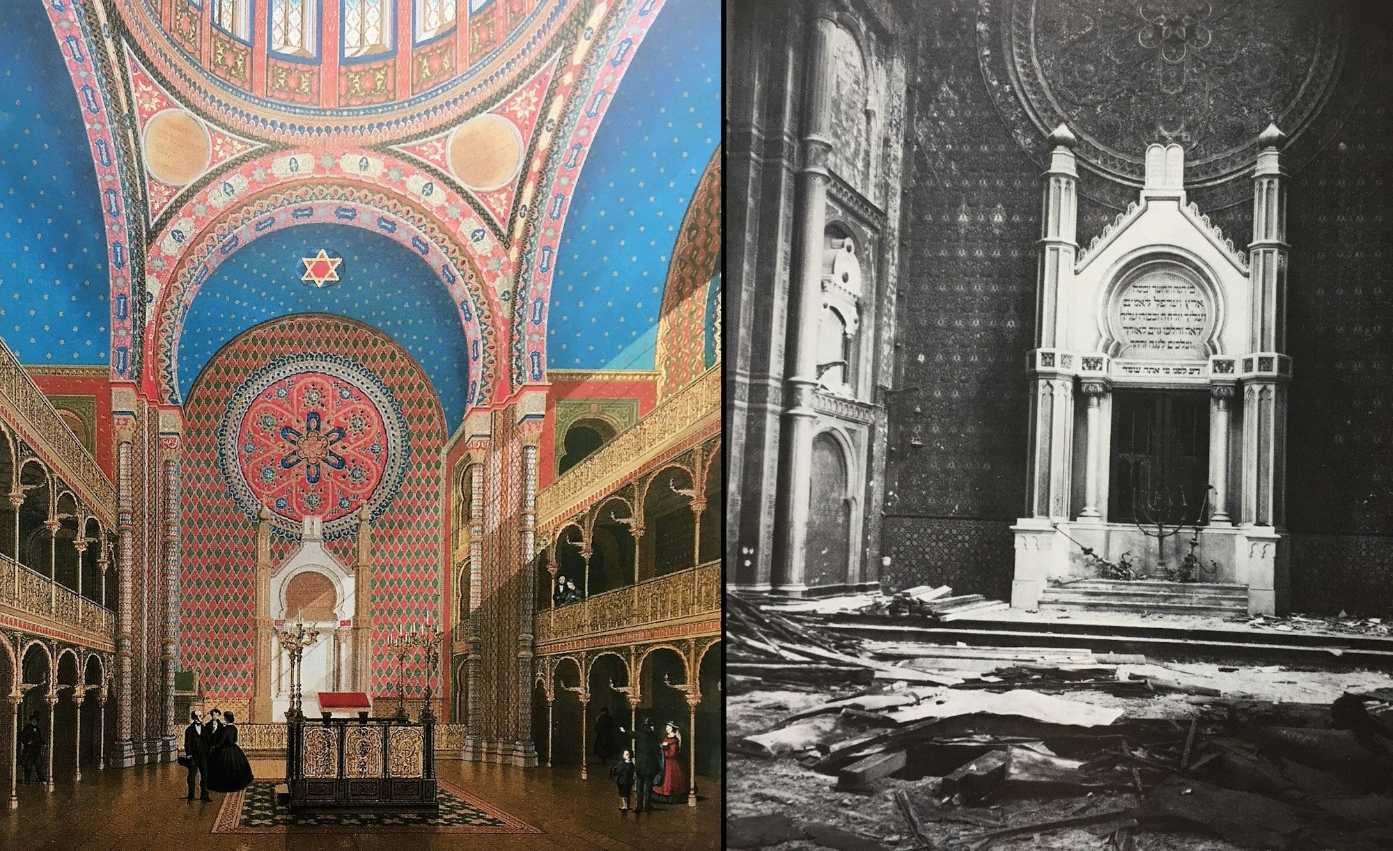 Kombination zweier Fotos. Links eine Chromolithographie mit dem aufwendig verzierten Innenraum der Synagoge in der Glockengasse. Die Decke ist blau gestrichen, zahlreiche Flächen sind golden verziert. Rechts eine fotografische Schwarz-Weiß-Aufnahme, die den zerstörten Innenraum mit dem Toraschrein zeigt.