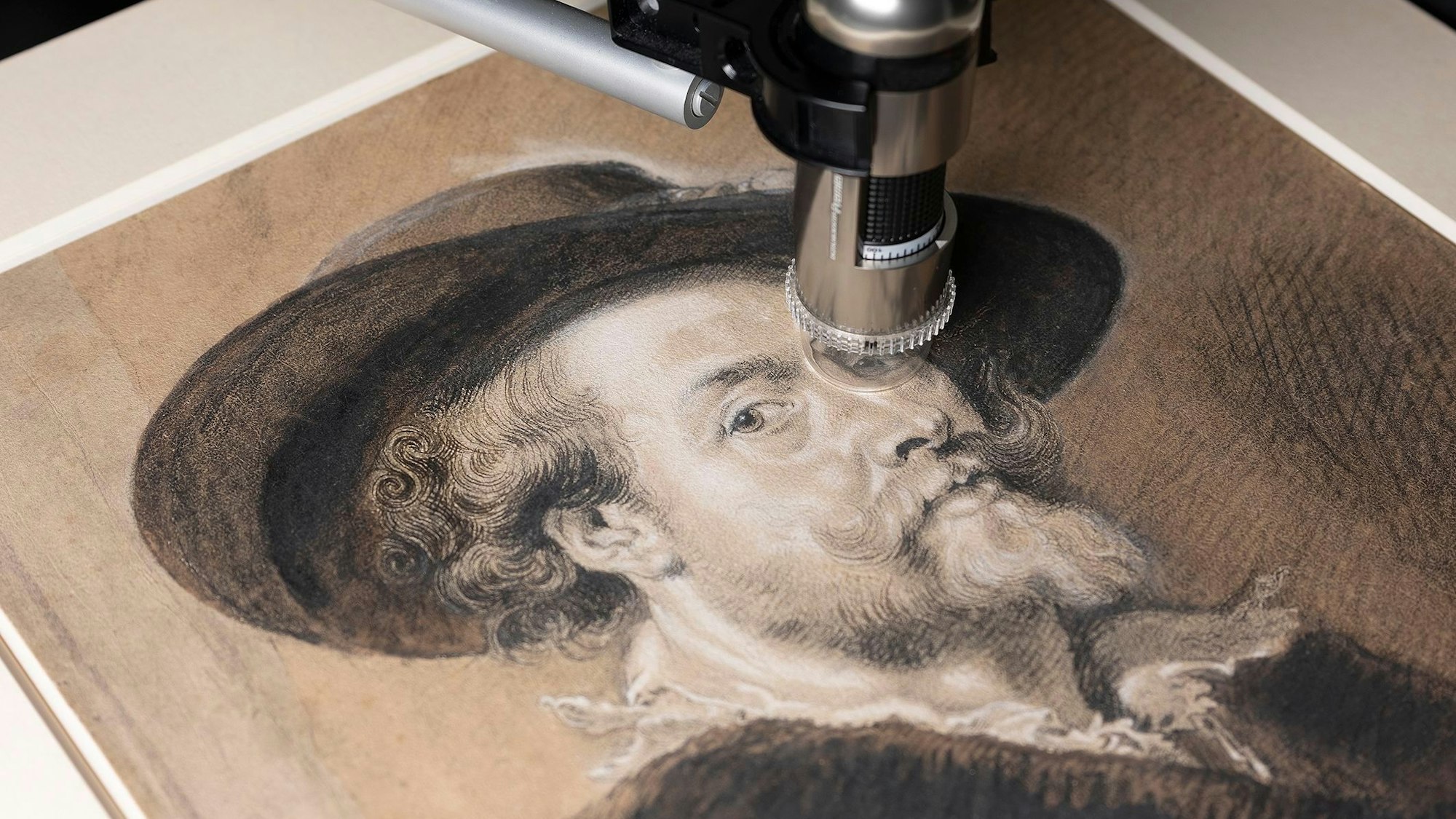 Ein Selbstporträt von Rubens liegt unter einem Mikroskop.