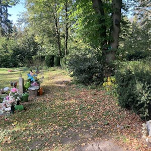 Auf einem Friedhof steht eine einzelne Statue abseits am Gebüsch.&nbsp;