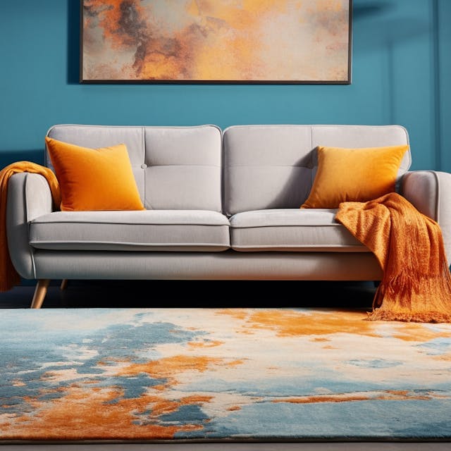 Illustration: Raum mit Sofa, Teppich, Vase und Gemälde