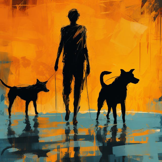 Illustration: Ein Mann mit zwei Hunden