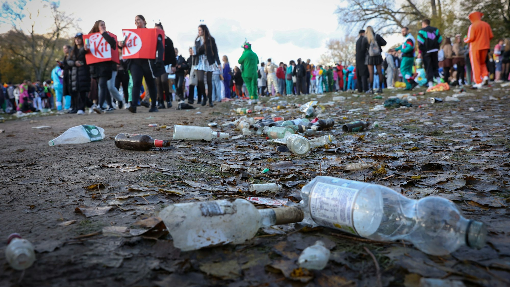 Müll und Glasflaschen liegen auf einer Wiese am Aachener Weiher.



