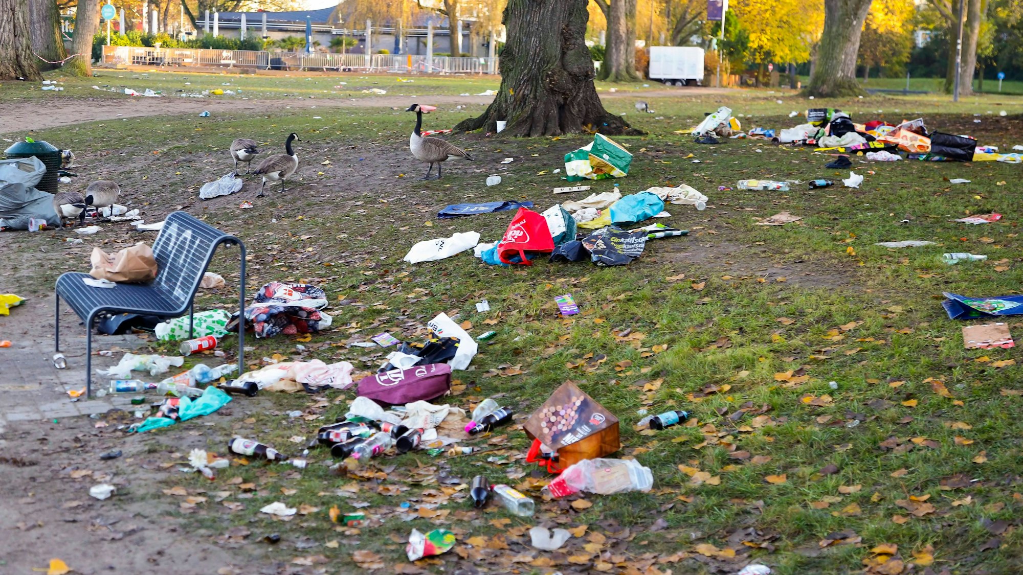 Müll liegt einen Tag nach dem 11.11.2023 rund um den Aachener Weiher herum.