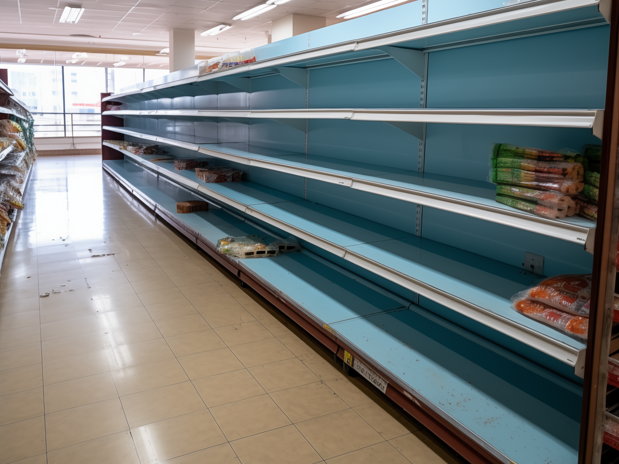 Das maschinell erstellte Bild von Midjourney zeigt ein leeres Supermarktregal.