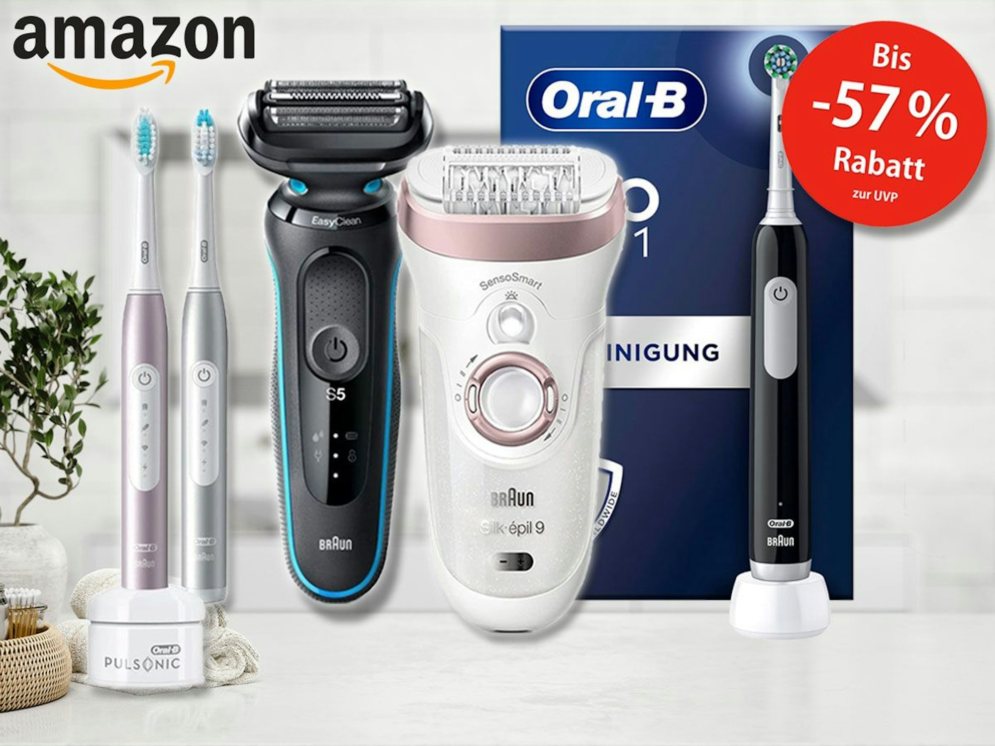 Oral-B elektrische Zahnbürsten, Braun Rasierer und Epilierer vor Badezimmer Hintergrund.
