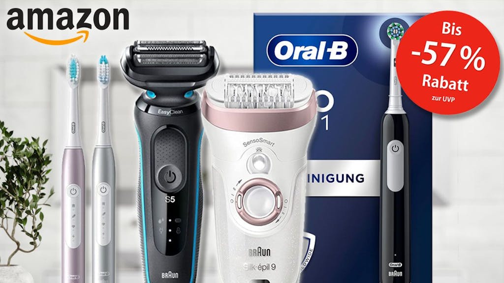 Oral-B elektrische Zahnbürsten, Braun Rasierer und Epilierer vor Badezimmer Hintergrund.
