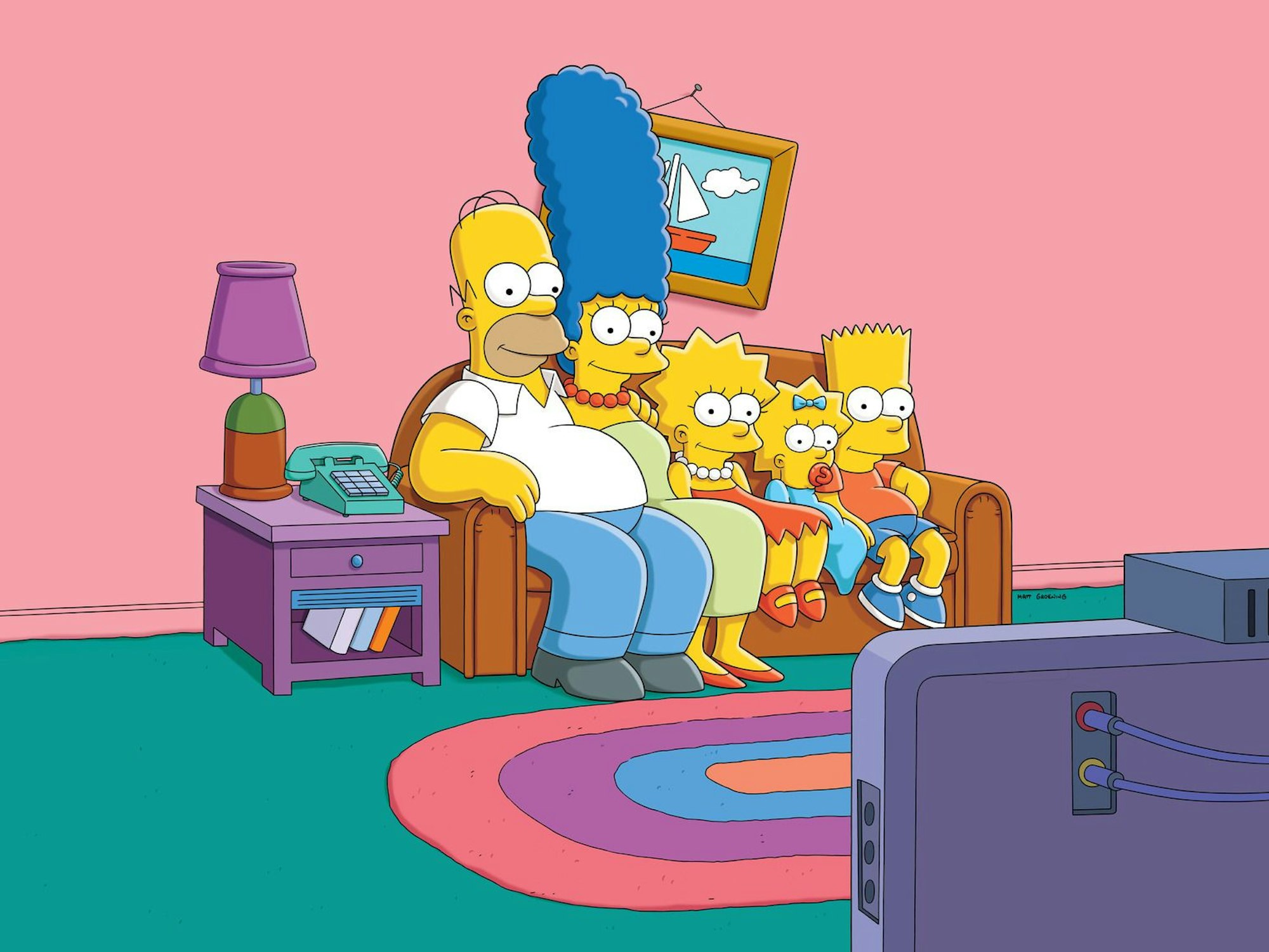 „The Simpsons“: Homer, Marge, Lisa, Maggie und Bart auf dem Sofa.