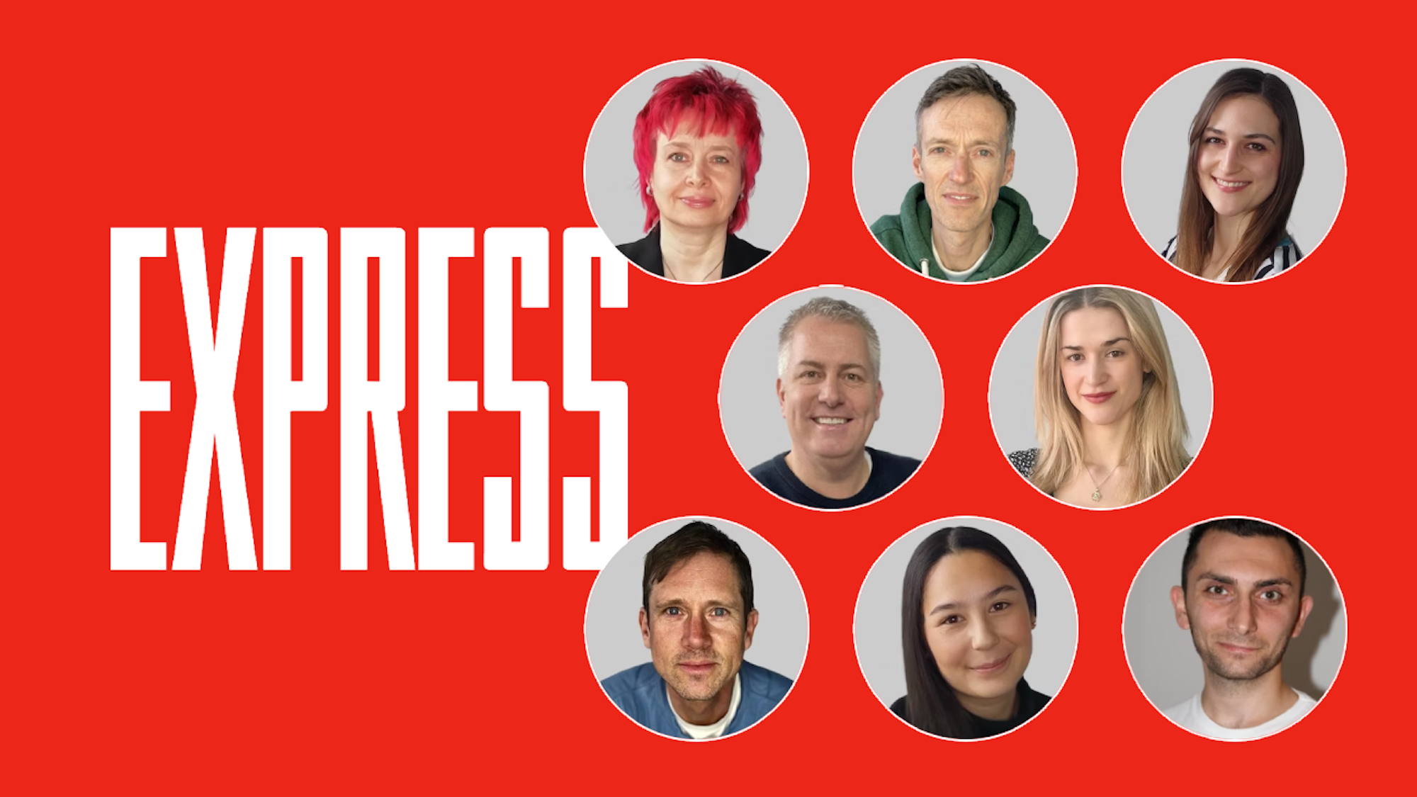 Das EXPRESS-Logo mit den Fotos von 8 Autorinnen und Autoren.