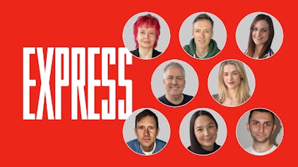 Das EXPRESS-Logo mit den Fotos von 8 Autorinnen und Autoren.