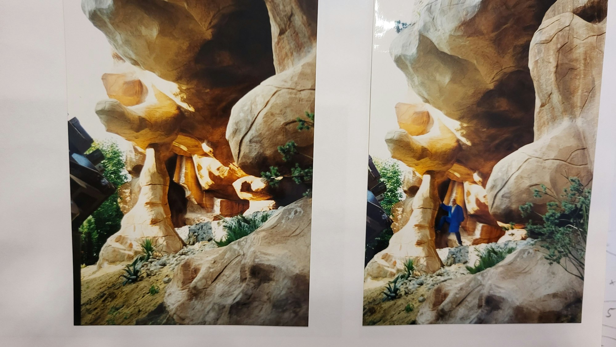 Die Foto-Kombination zeigt eine riesige Felsformation, die Knut Nobiling für das Phantasialand gebaut hat.