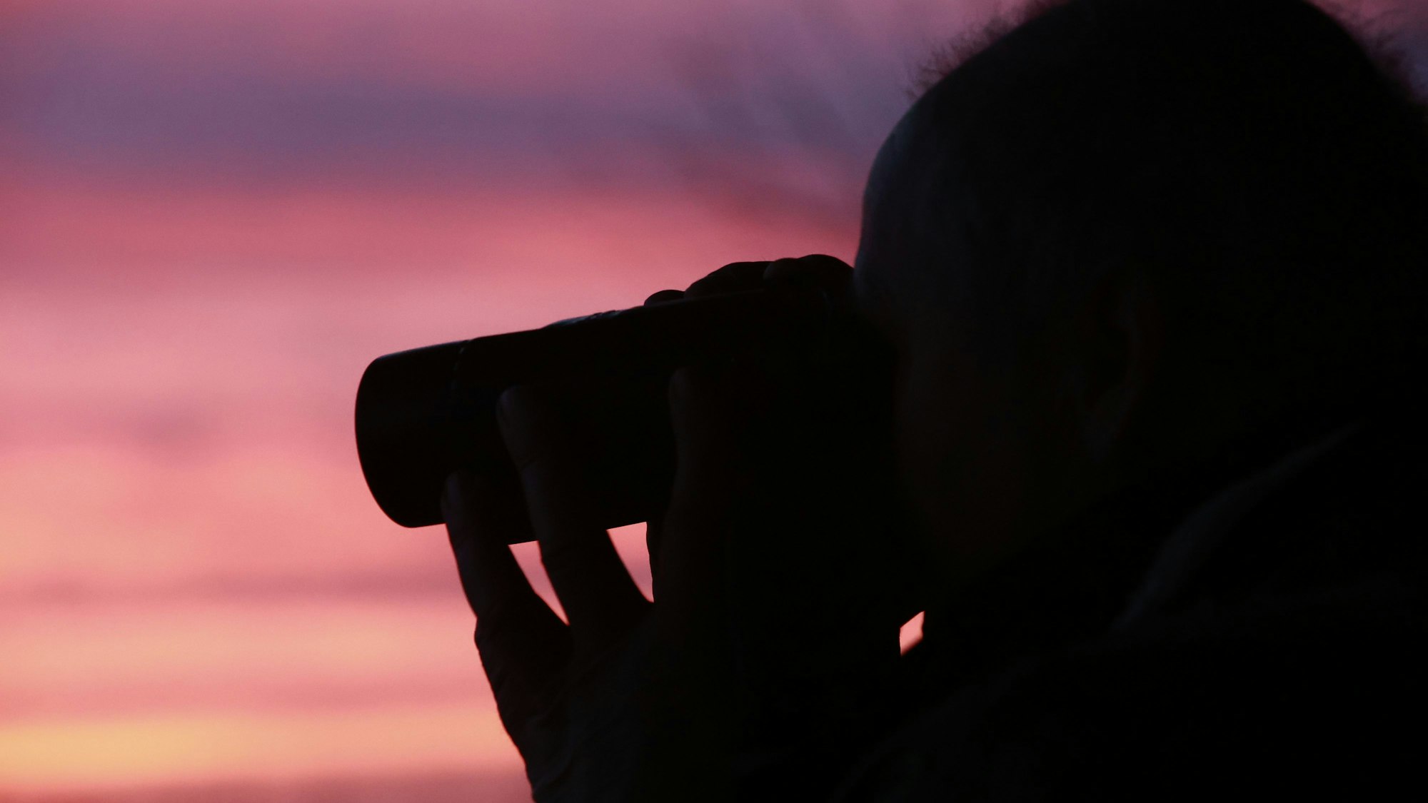 Ein Hobby-Ornithologe beobachtet mit dem Fernglas am frühen Morgen die Kraniche.