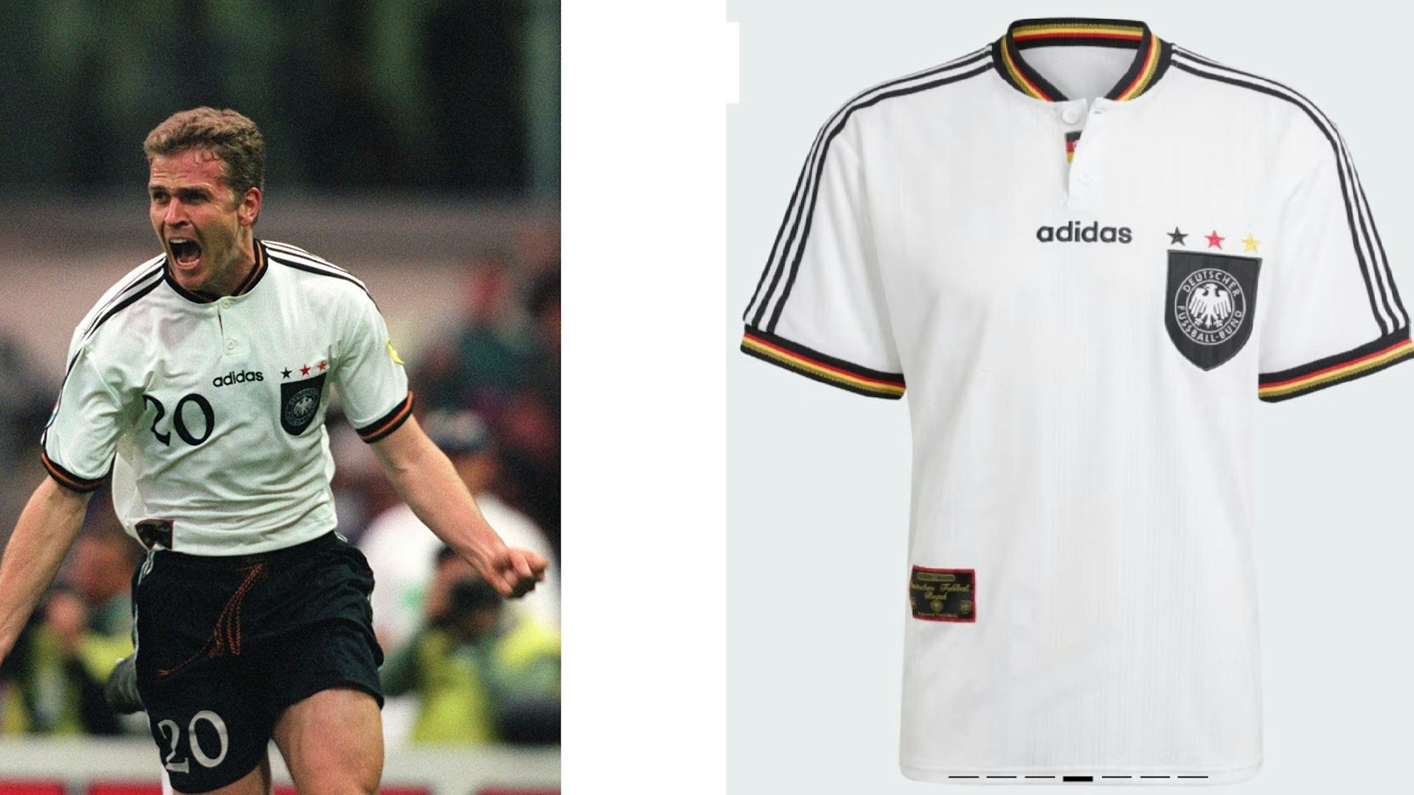 Links Oliver Bierhoff auf dem unvergesslichen Jubel-Foto im EM-Finale 1996. Rechts das neu aufgelete Europameister-Trikot im Adidas-Shop.