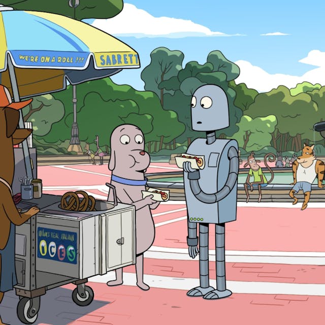 Das Bild zeigte die cartoonhafte Szene von „Robot Dreams“. Ein Hund und ein Roboter holen sich an einem Stand einen Hotdog. Im Hintergrund ein großer Brunnen und weitere vermenschlichte Tiere.