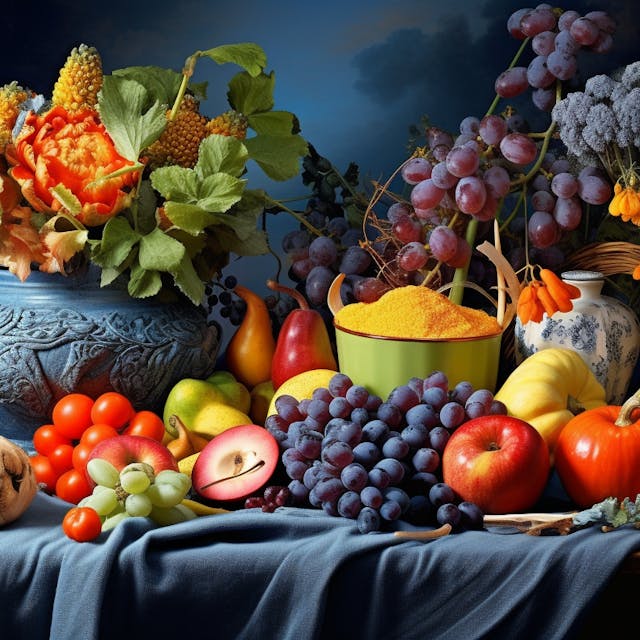 Illustration: Gemüse und Obst als Stillleben angeordnet.