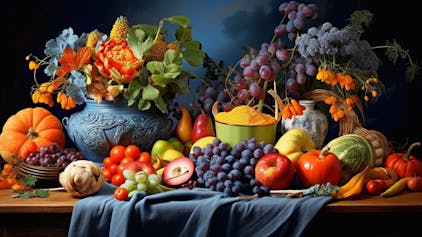 Illustration: Gemüse und Obst als Stillleben angeordnet.