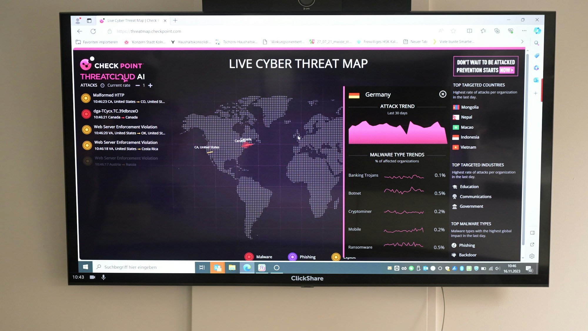 Das Foto zeigt eine Internetseite, die weltweite Hackerangriffe dokuentiert