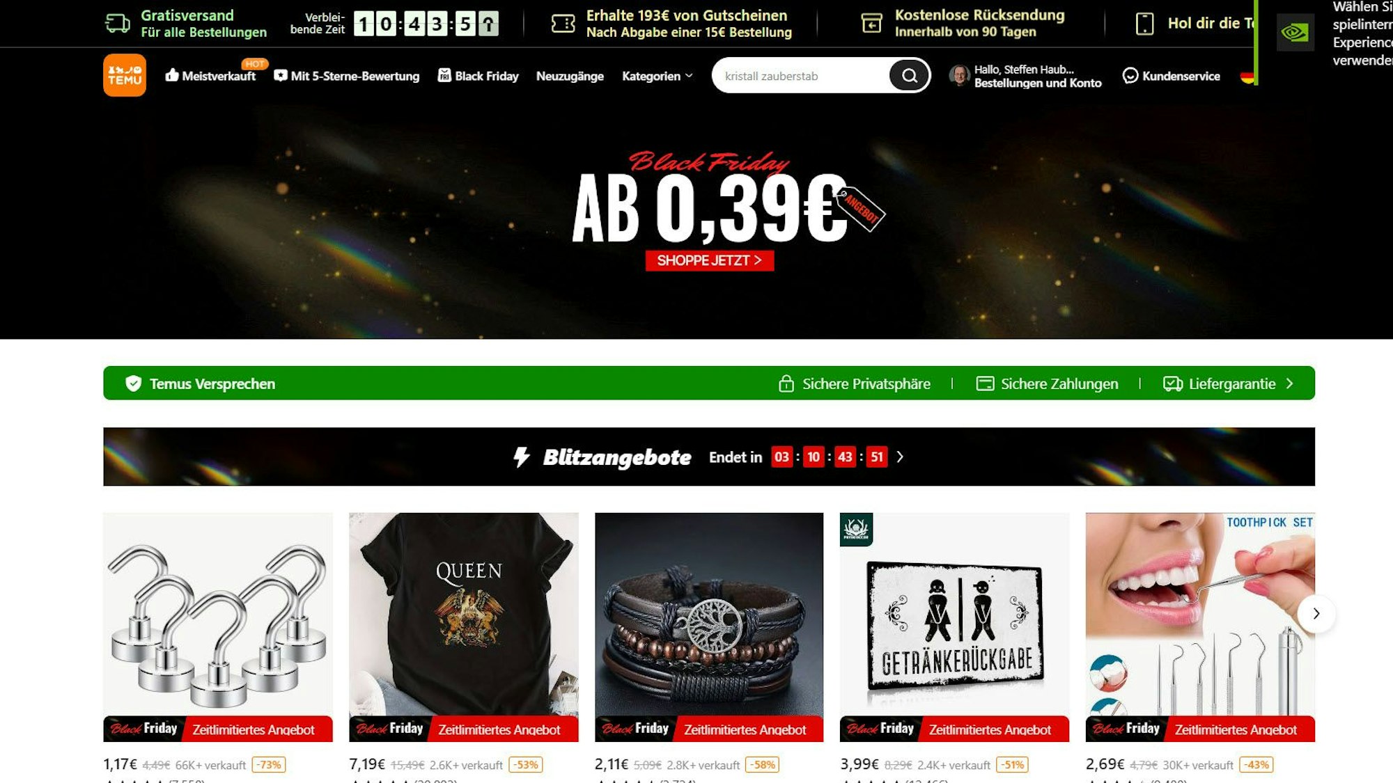 Screenshot des chinesischen Online-Shops Temu