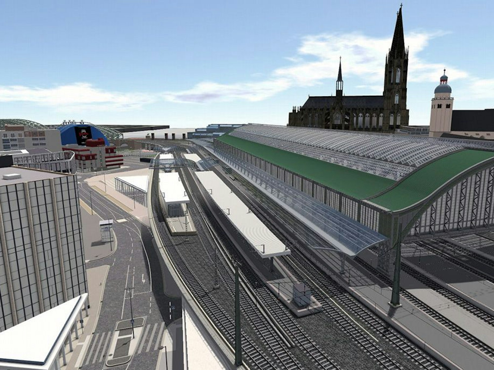 Die neuen Gleise für die S-Bahn sind hier bereits zu sehen. Allerdings ist auf dieser Darstellung der Deutschen Bahn der Musical Dome noch vorhanden.