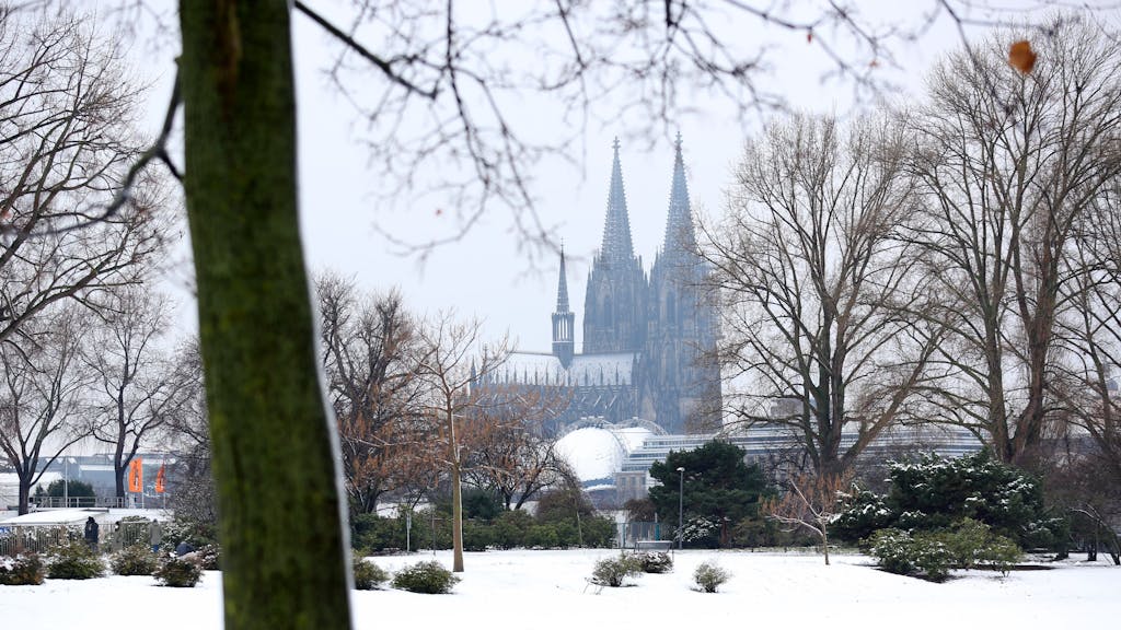 Blick aus dem verschneiten Rheinpark auf den Kölner Dom.