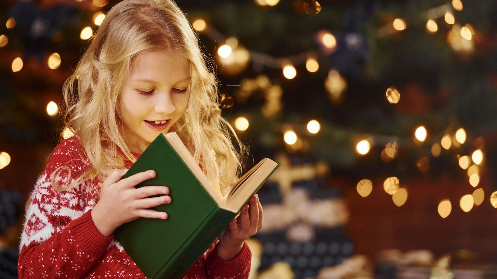 Symbolbild: Mädchen liest ein Buch vor weihnachtlicher Beleuchtung