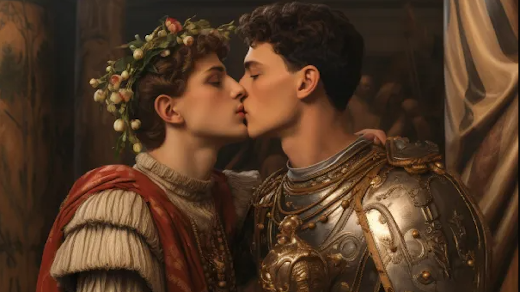 Auf unserem mit Hilfe Künstlicher Intelligenz erstellten Symbolbild küssen sich zwei Personen in römischer Kleidung.