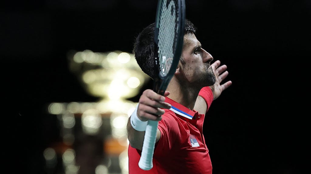Novak Djokovic jubelt mit ausgestreckten Armen und mürrischem Blick.