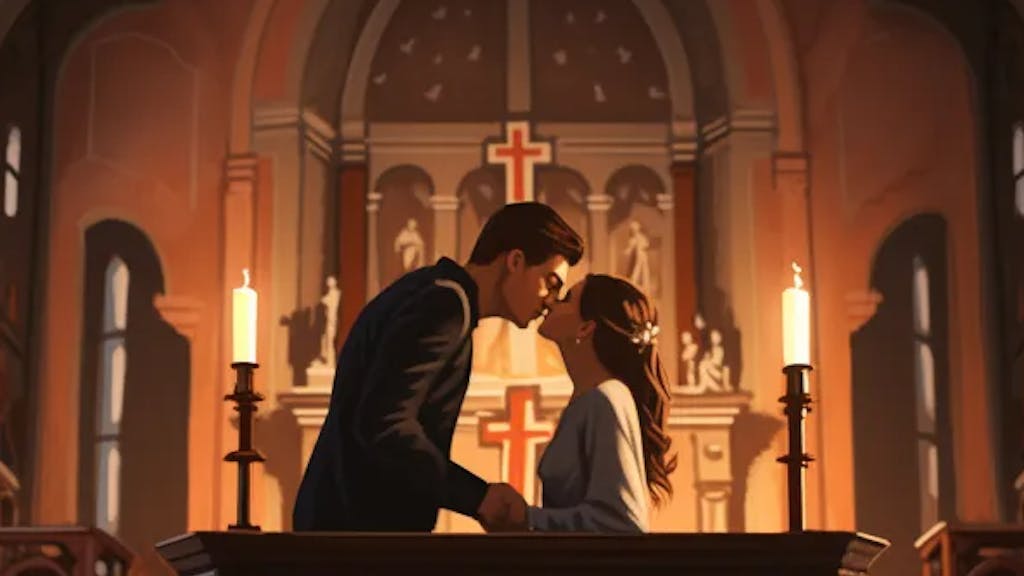 Ein Paar küsst sich in einer Kirche vor einem Altar