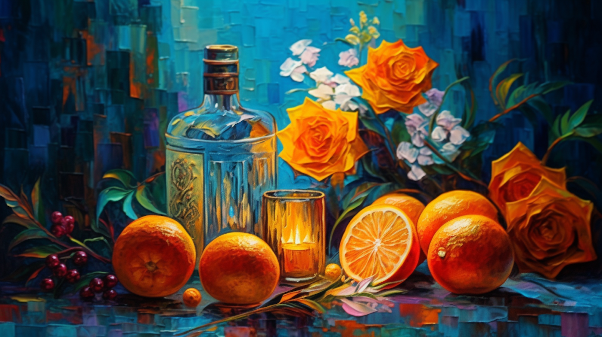 Illustration: eine Spirituosenflasche, Orangen, eine Kerze und Blumen auf einem Tisch
