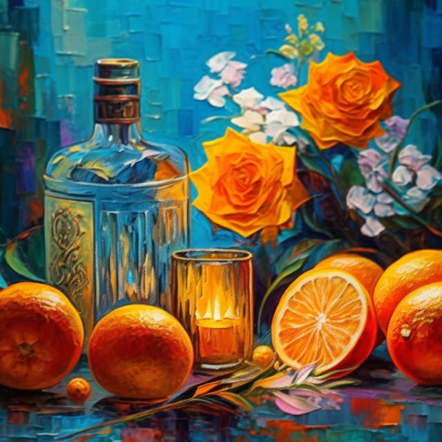 Illustration: eine Spirituosenflasche, Orangen, eine Kerze&nbsp; und Blumen auf einem Tisch