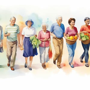 Illustration: Ältere Menschen mit Gemüsekörben.