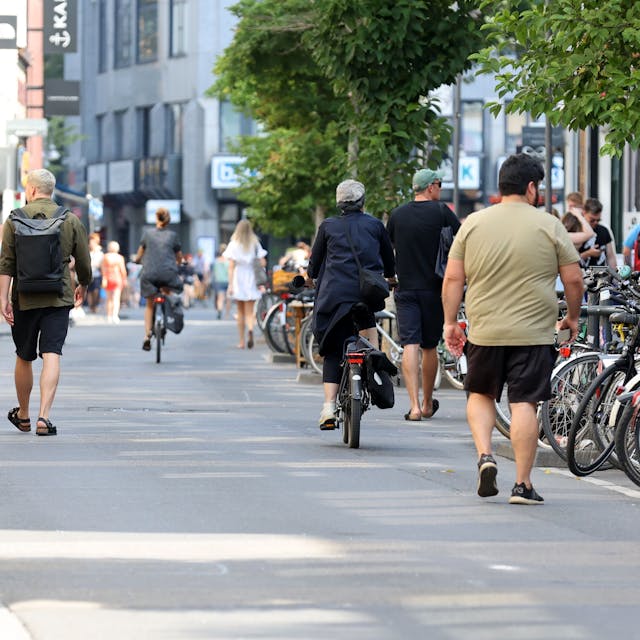 Neben- und Gegeneinander von Fußgängern und Radfahrern von hinten auf einer Straße