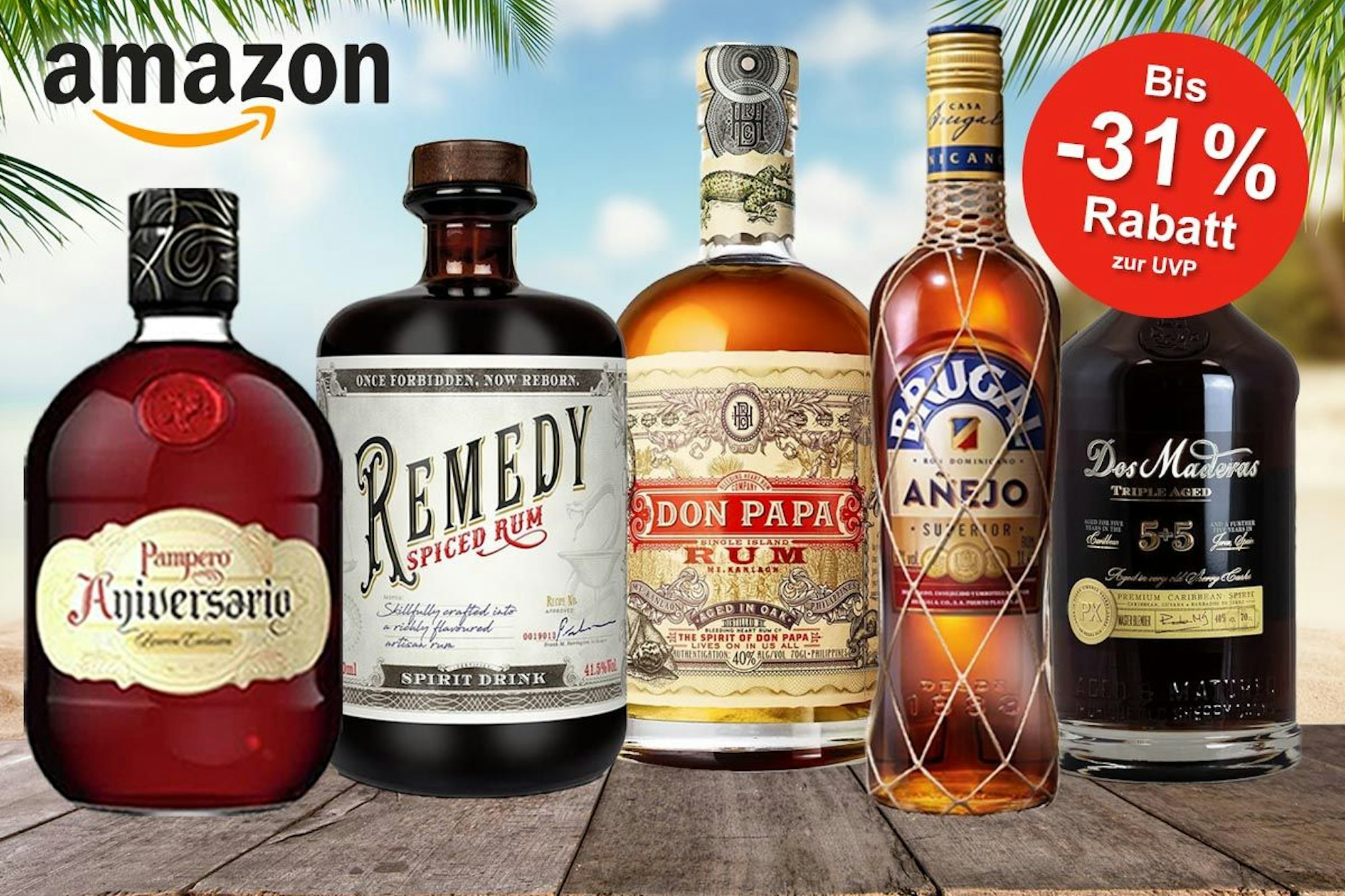Rum Spirituosen Flaschen von Pampero, Remedy, Don Papa, Brugal und Dos Maderas vor einem Hintergrund mit Strand und Palmen.
