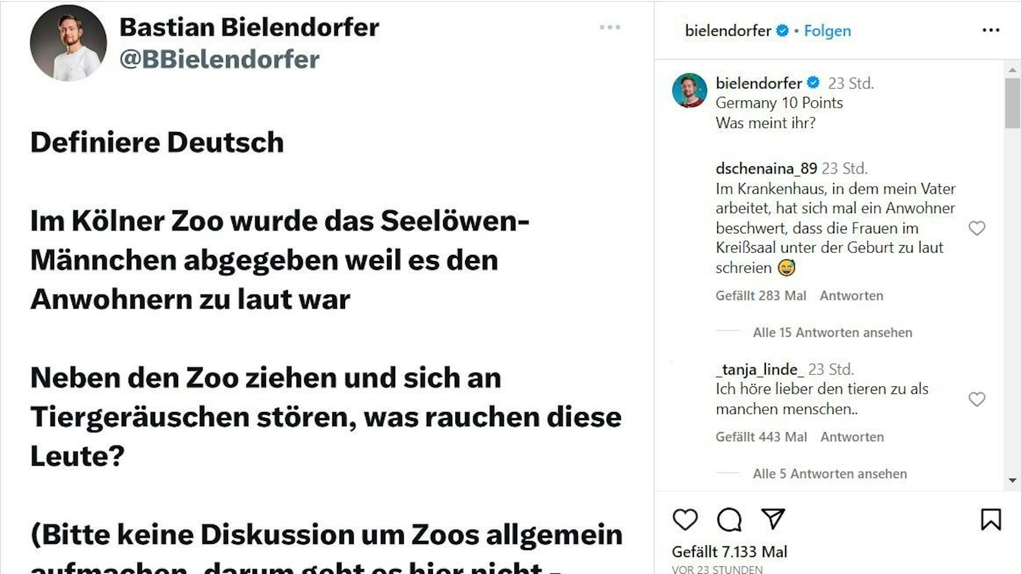 Post von Bastian Bielendorfer aus Instagram zum Kölner Zoo.