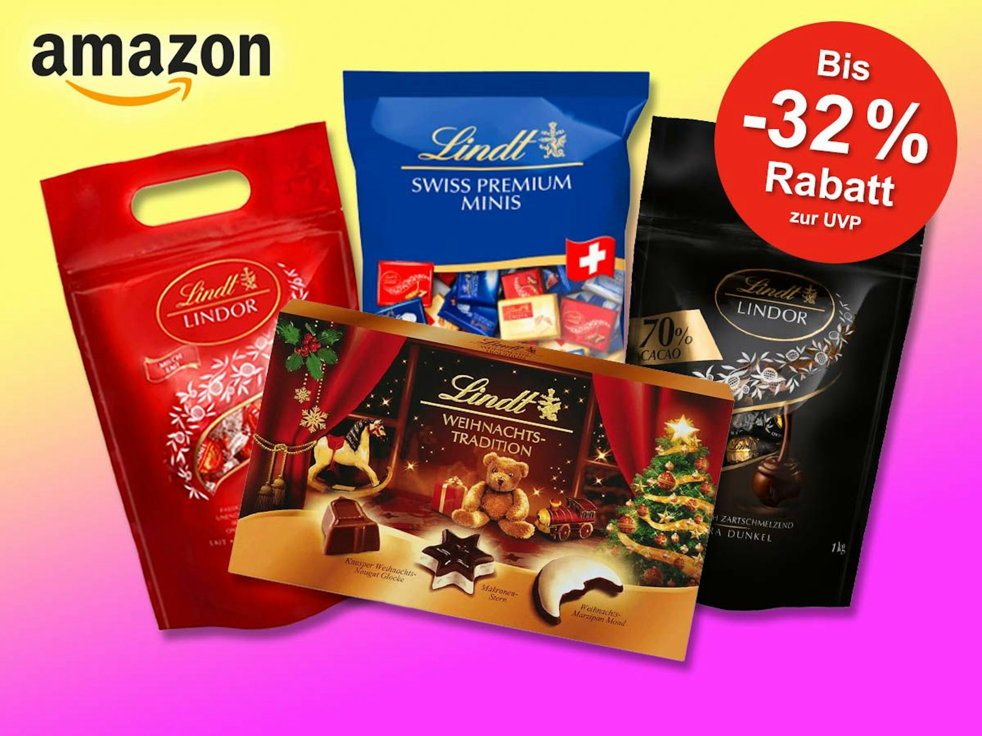 Lindt Lindor Schokoladenpackungen Vollmilch, dunke, Lindt Swiss Premium Minis und Lindt Weihnachts Pralinés