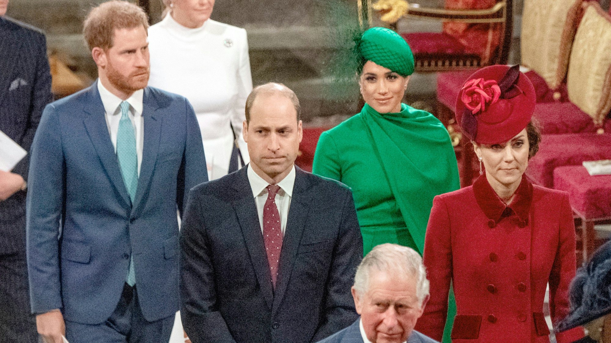 Einer der letzten gemeinsamen Auftritte vor dem royalen Familienzoff: Prinz Harry (l-r), Prinz William, Meghan, Herzogin von Sussex, und Kate, damalige Herzogin von Cambridge, im März 2020.